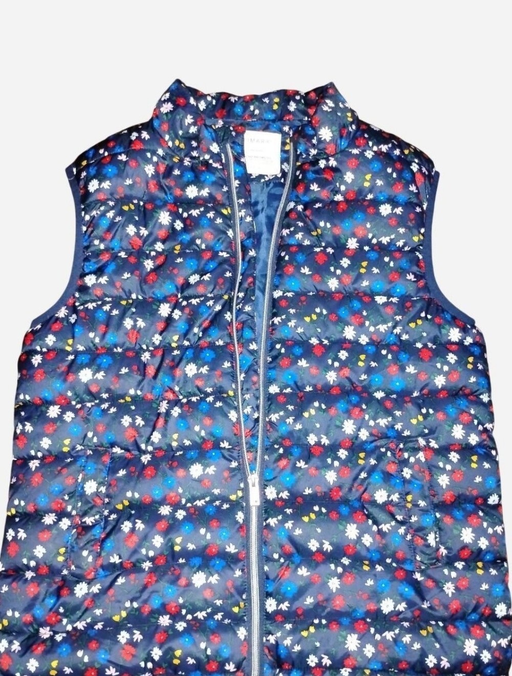 Primark Girls Floral Puffer Vest Navy Blue Flower Print Zip Up Bodywarmer Size 1